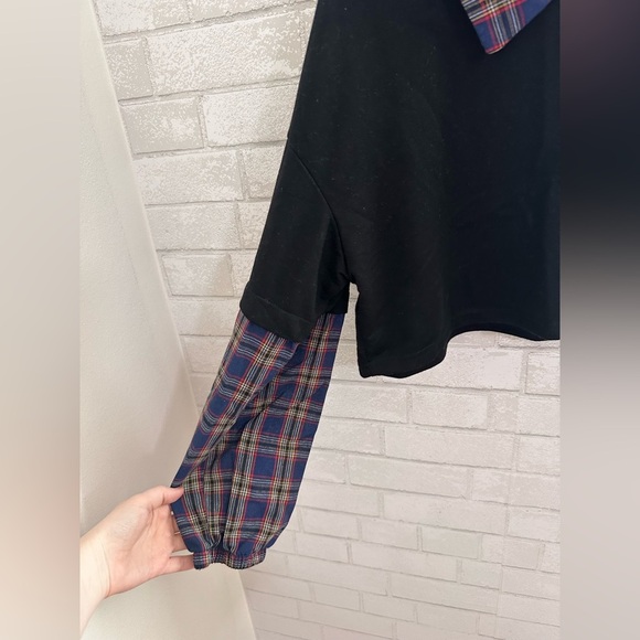 Plaid Collar Preppy Punk Grunge oversized Womens long sleeve crop Top M #1905 - Picture 5 of 8